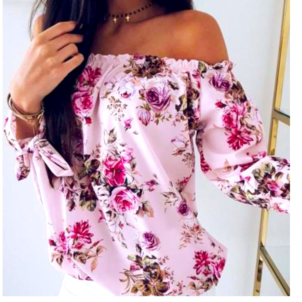 Off Shoulder Shirring Floral Print Blouse XL